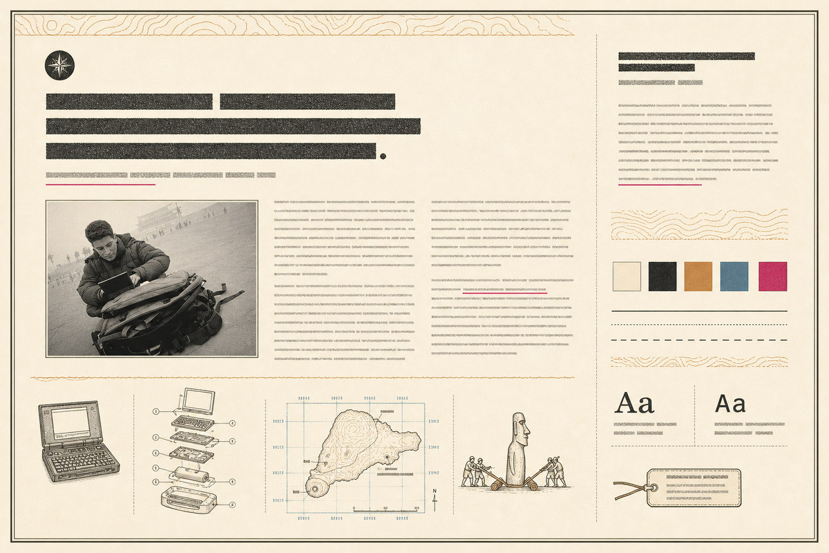 The Expedition Ledger: cream paper, ink, cartographic chrome