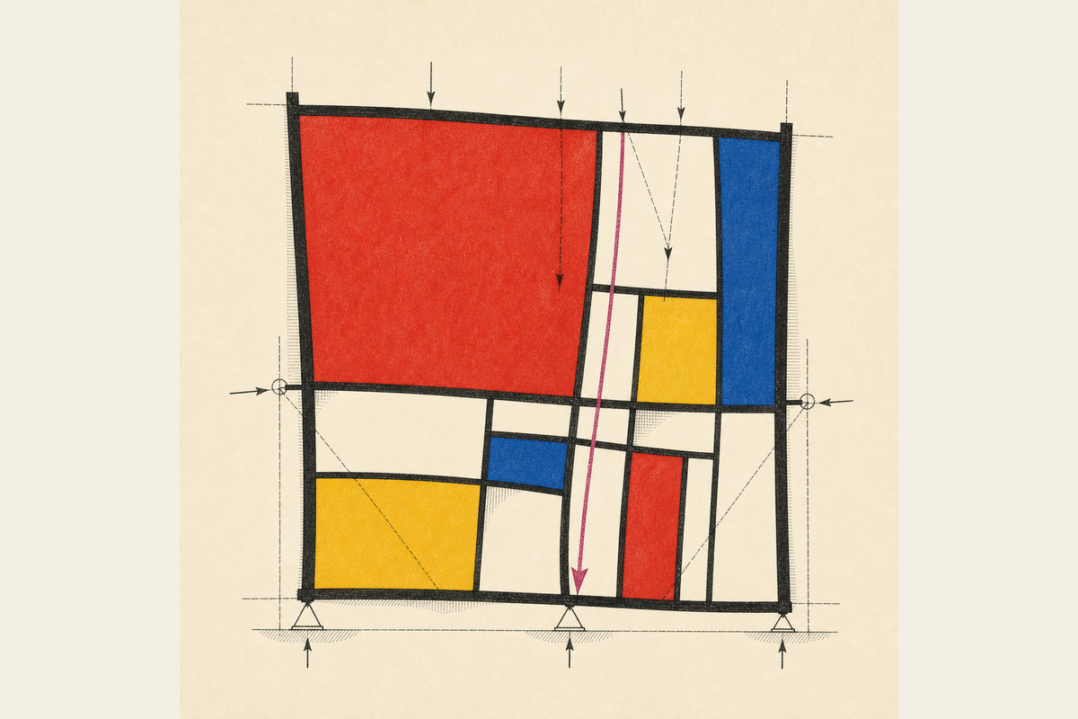 A composition mid-collapse, lines bowing under the load