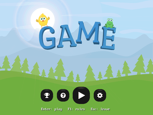 GAME title screen: the word GAME with a chick and a frog, over hills and trees