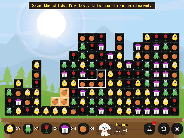 A hint ringing a group, with the message: Save the chicks for last: this board can be cleared
