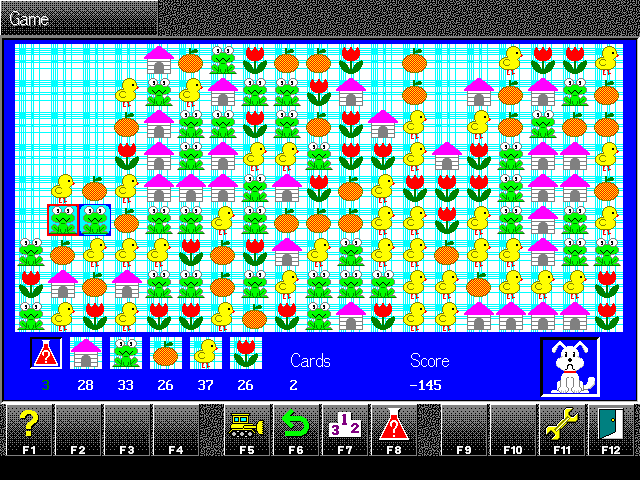 A game in the original 1995 PC110 look: tiles on a cyan grid with a blue status bar