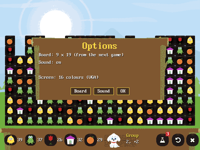 The Options panel showing board size, sound and the screen mode: 16 colours (VGA)