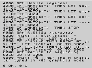 A ZX Spectrum BASIC listing: REM comments, INKEY$ keypress handling, PRINT AT, and the 0 OK, 0:1 prompt