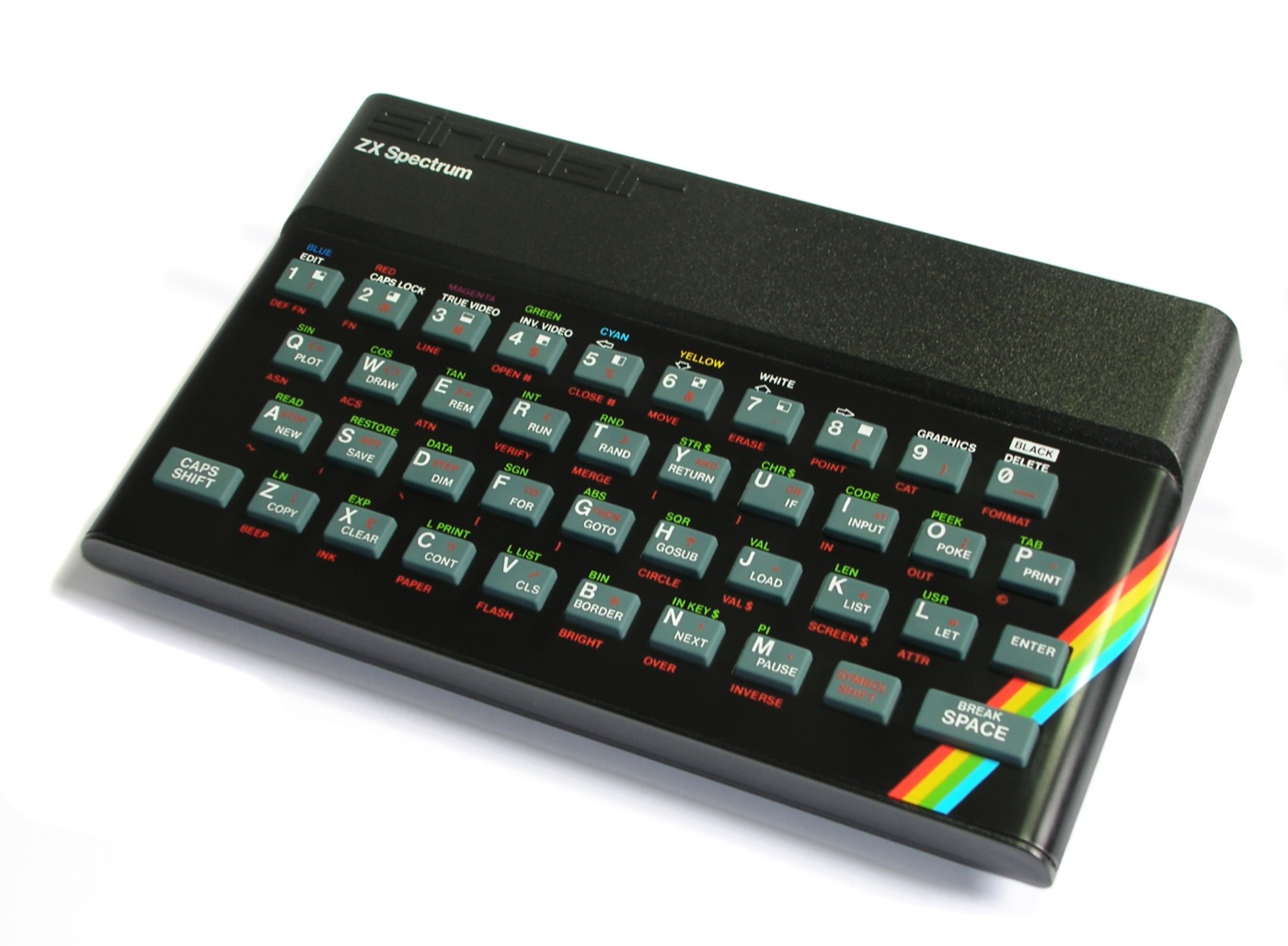 The Sinclair ZX Spectrum 48K: a black wedge with grey rubber keys, multicolour BASIC keyword legends and the rainbow flash in the bottom-right corner