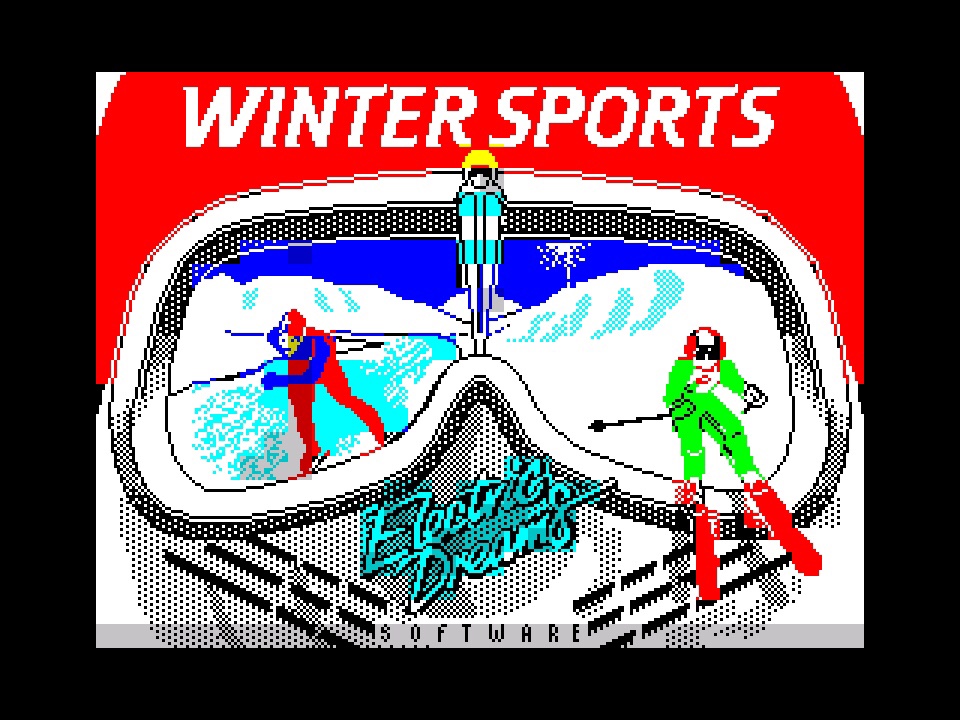 The Winter Sports loading screen: skiers seen through ski goggles, with the cyan snow and red title showing the Spectrum's two-colours-per-cell limit