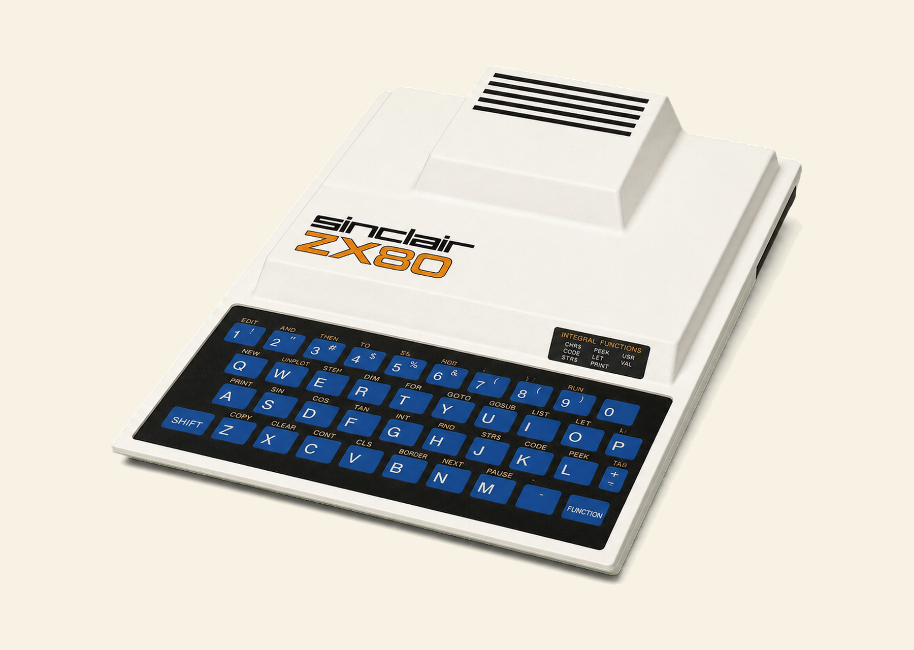 The Sinclair ZX80: a small white wedge with a blue membrane keyboard