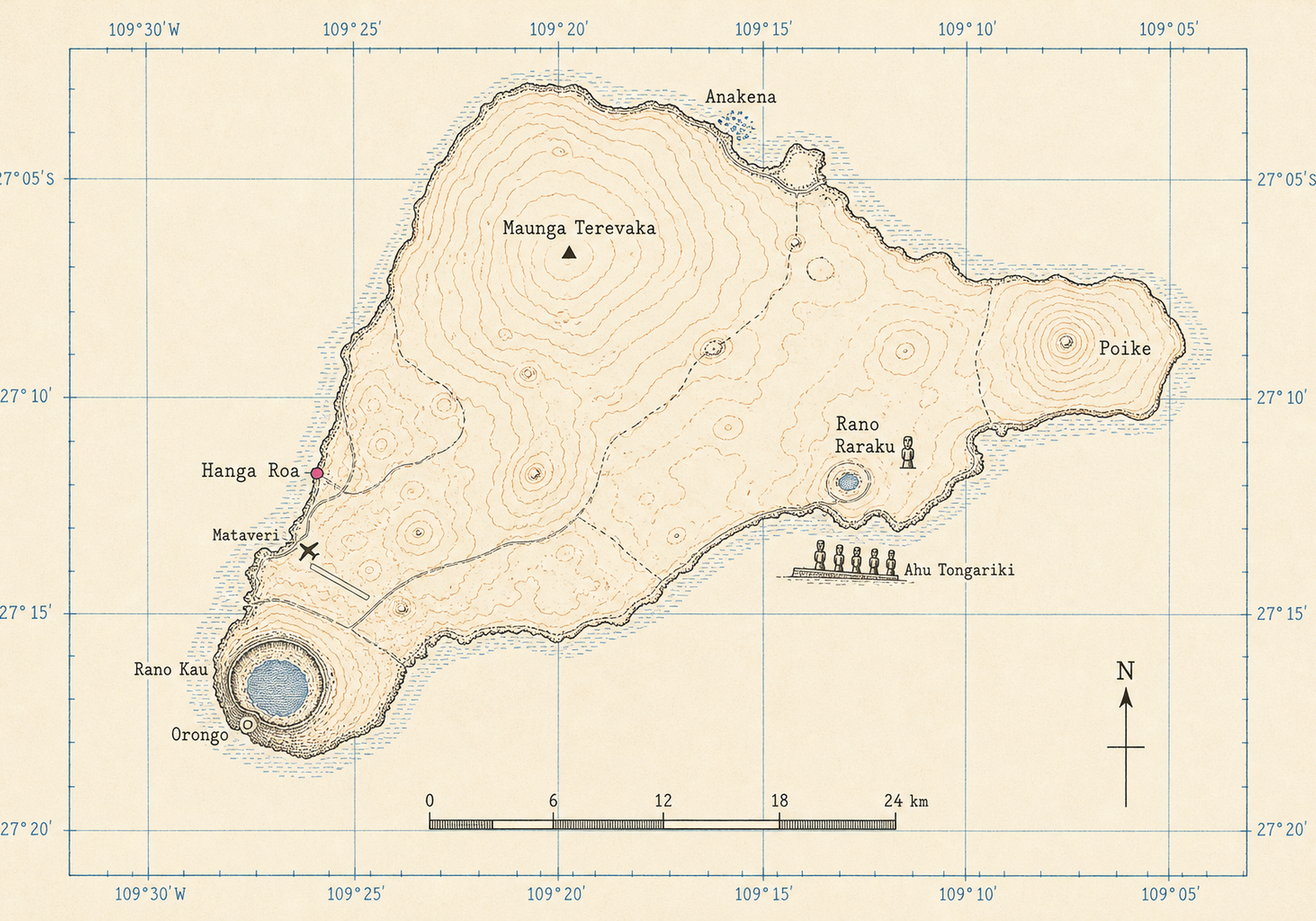 Survey map of Easter Island: the volcanoes Rano Kau, Terevaka and Poike, Hanga Roa, Rano Raraku, Ahu Tongariki, Anakena and Orongo