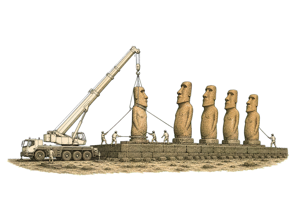 A crane re-erecting a moai onto Ahu Tongariki in the 1990s