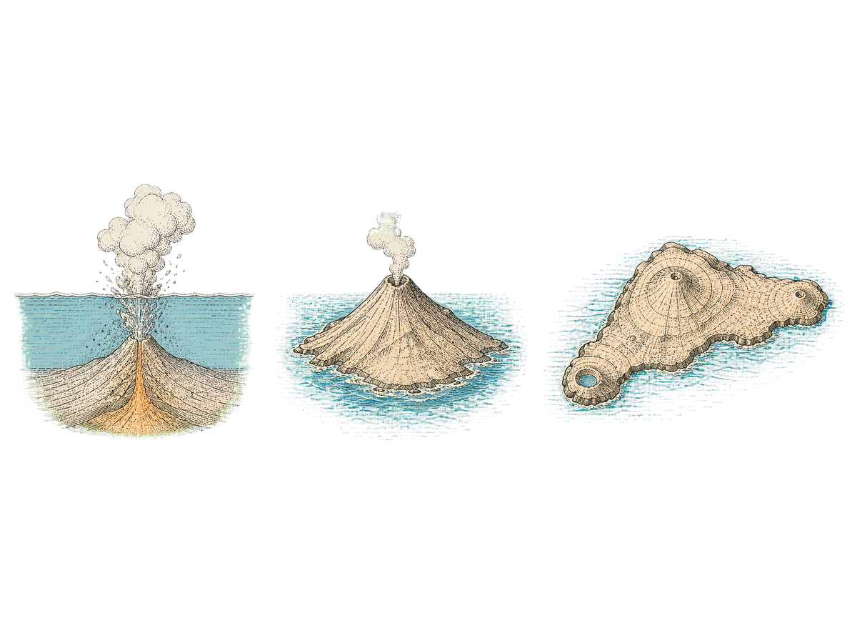 The island rising from the sea floor in three eruptions