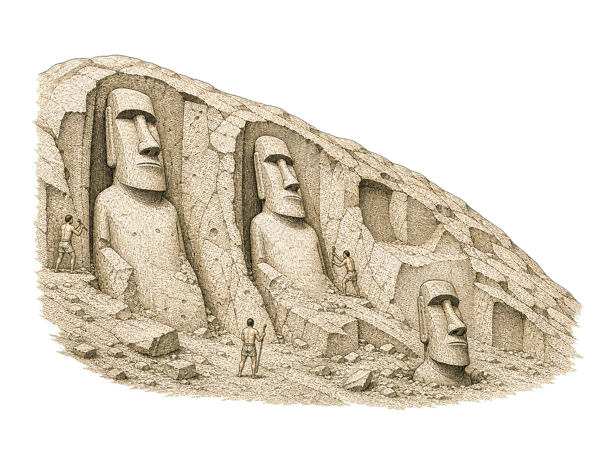 The quarry face of Rano Raraku with moai cut into niches