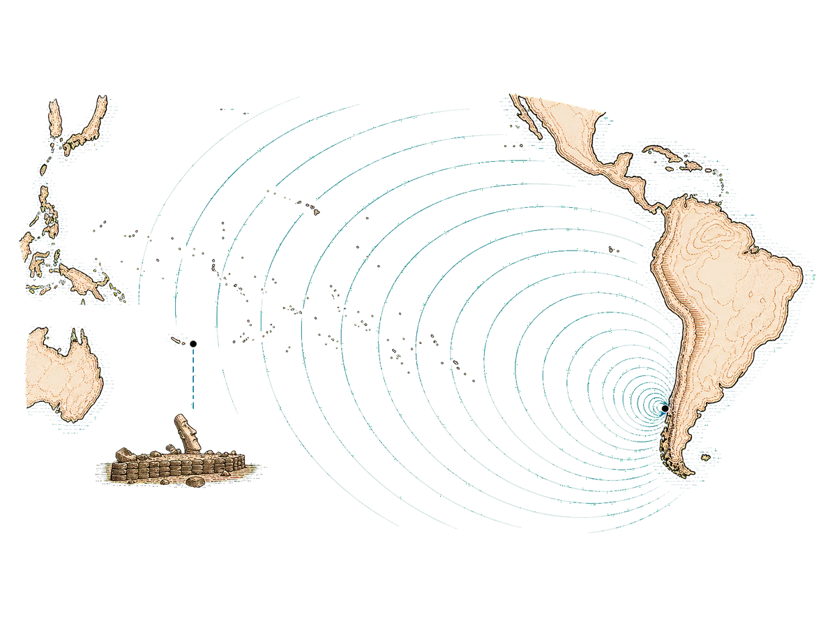 Diagram of the 1960 tsunami crossing the Pacific from Valdivia to the island