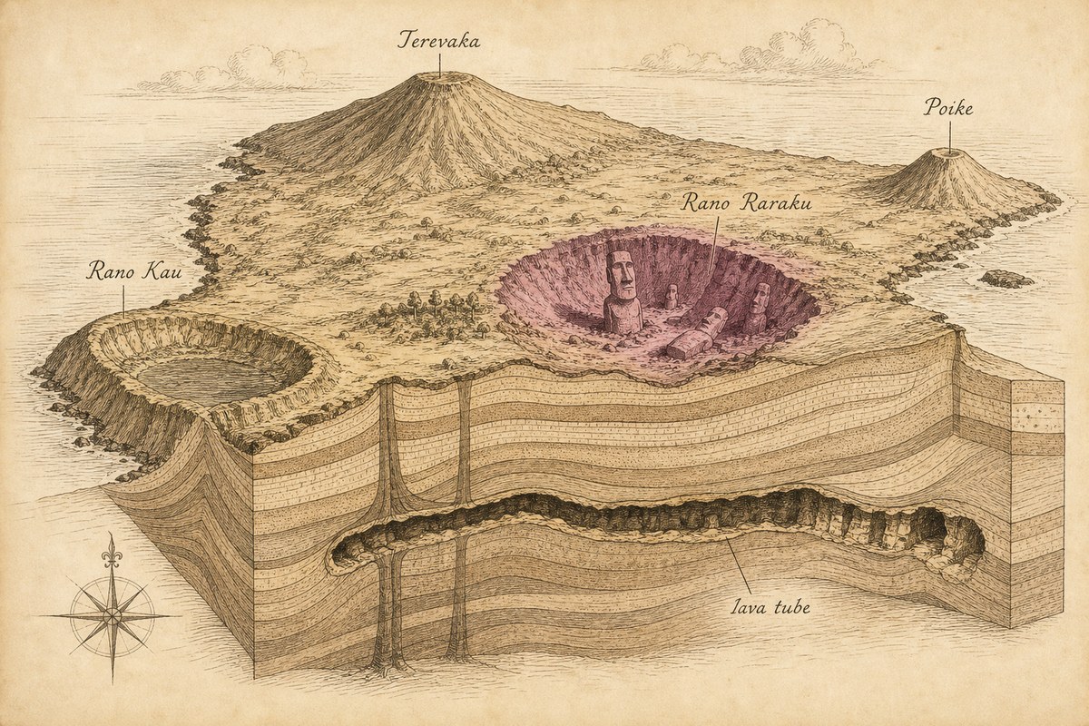 How the island was built: the three volcanoes and the Rano Raraku quarry