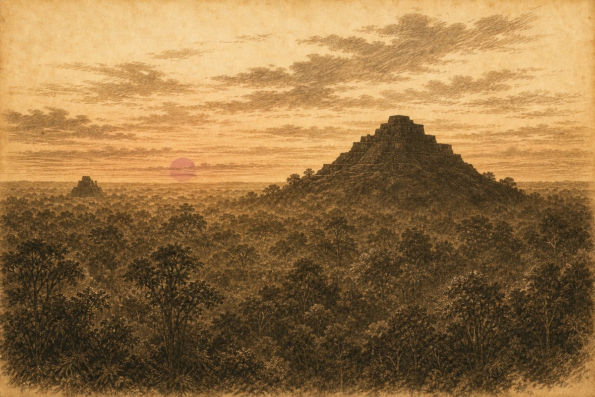 La Danta rising above the jungle canopy at sunset