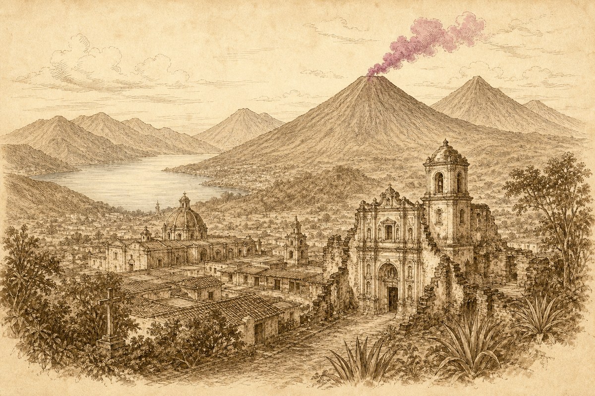 Antigua under its volcanoes, with Lake Atitlan beyond