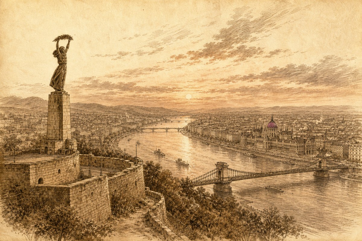 The view from the Citadella over the Danube and the Parliament