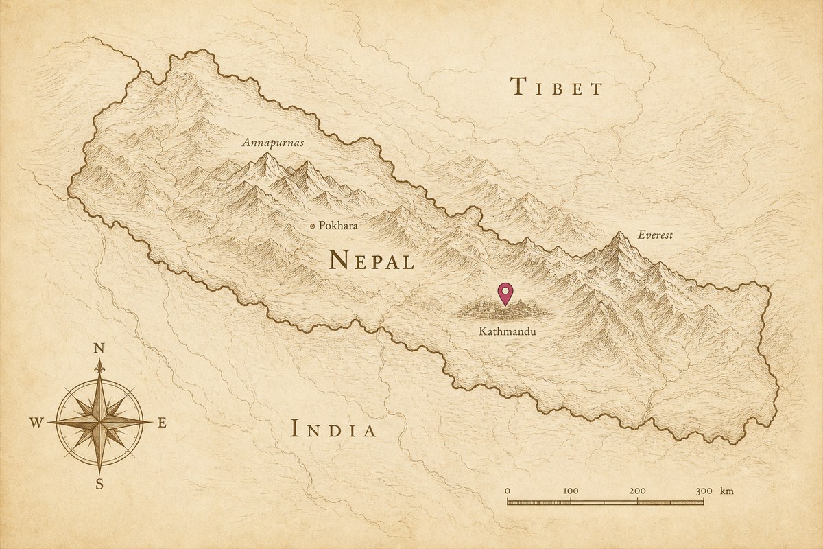 A hand-drawn locator map of Nepal