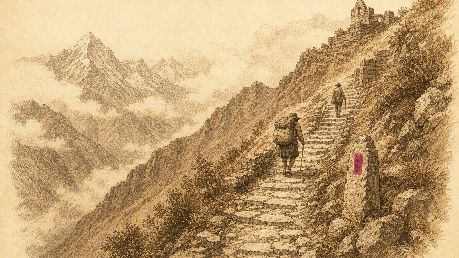 A stretch of the Inca Trail climbing into cloud