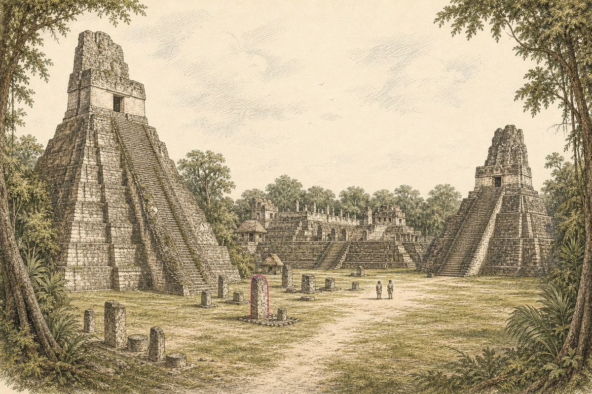 The Great Plaza, Temple I facing Temple II across the North Acropolis