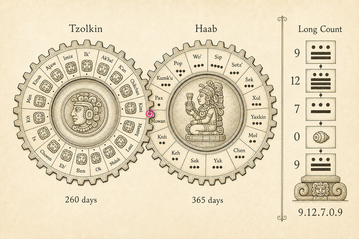 The interlocking wheels of the Calendar Round and a Long Count date