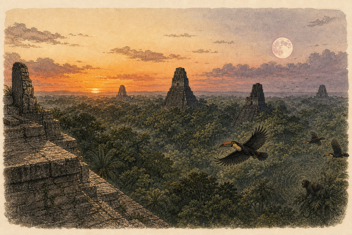 The view east from Temple IV at moonrise, roof-combs breaking the canopy
